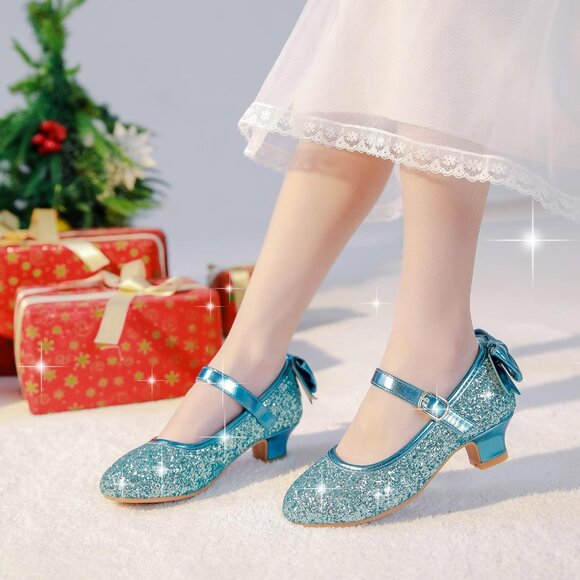 Girls Elegant Sequin Blue Girl Mary Jane Glitter Princess Wedding Dress Shoes - Picture 2 of 7